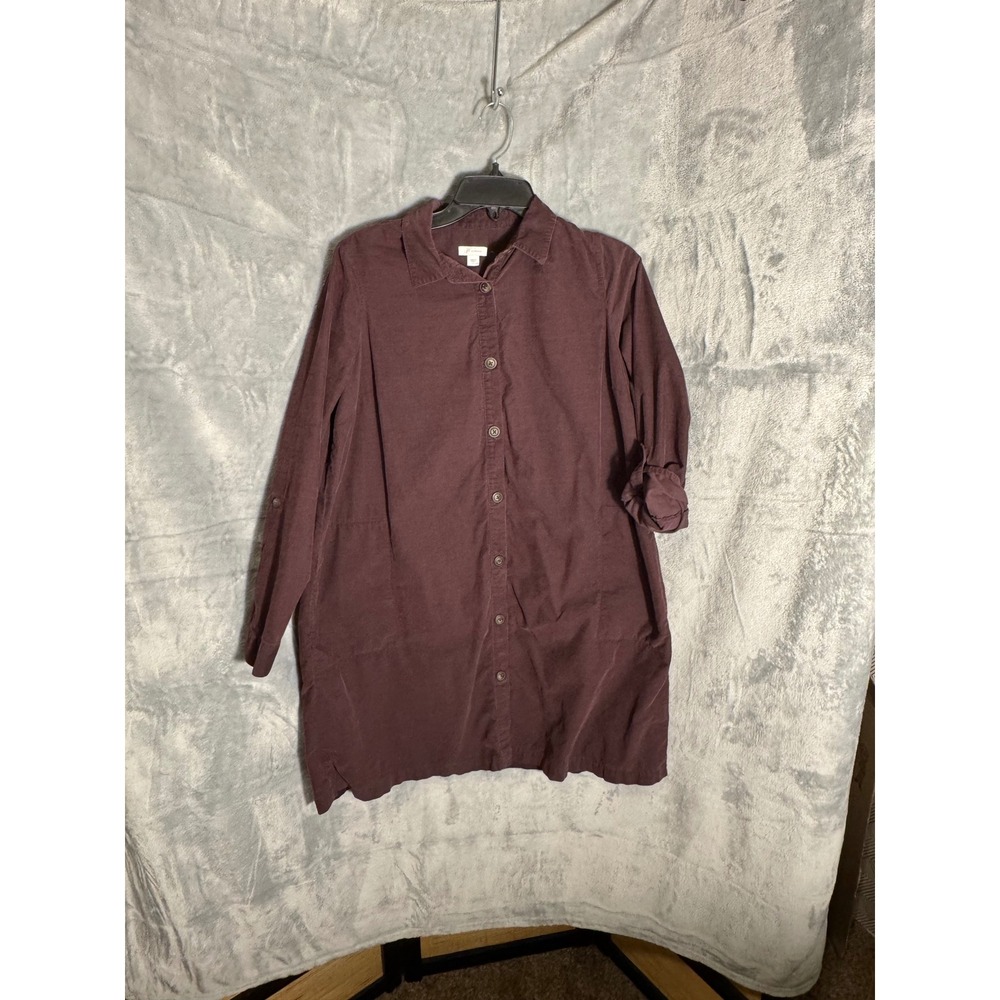 J. Jill Corduroy Shirt Dress Plum Burgundy Button Down Long Sleeve Pockets Small